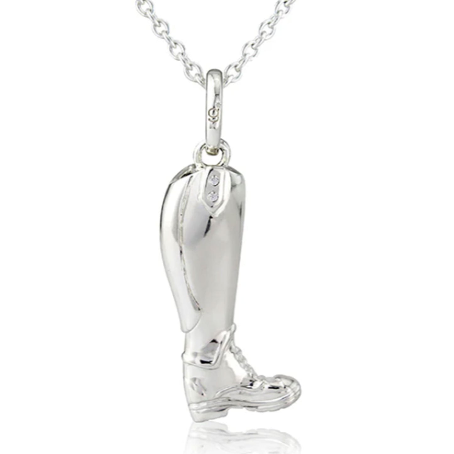 Silver riding boot pendant on a chain against a white background