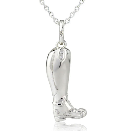 Silver riding boot pendant on a chain against a white background