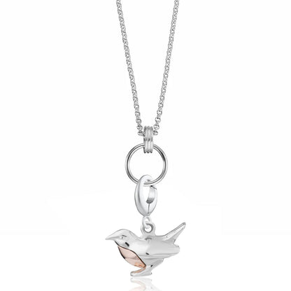 Silver necklace with a bird-shaped pendant on a white background