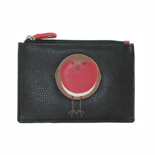 Black leather pouch with a red robin design on a white background
