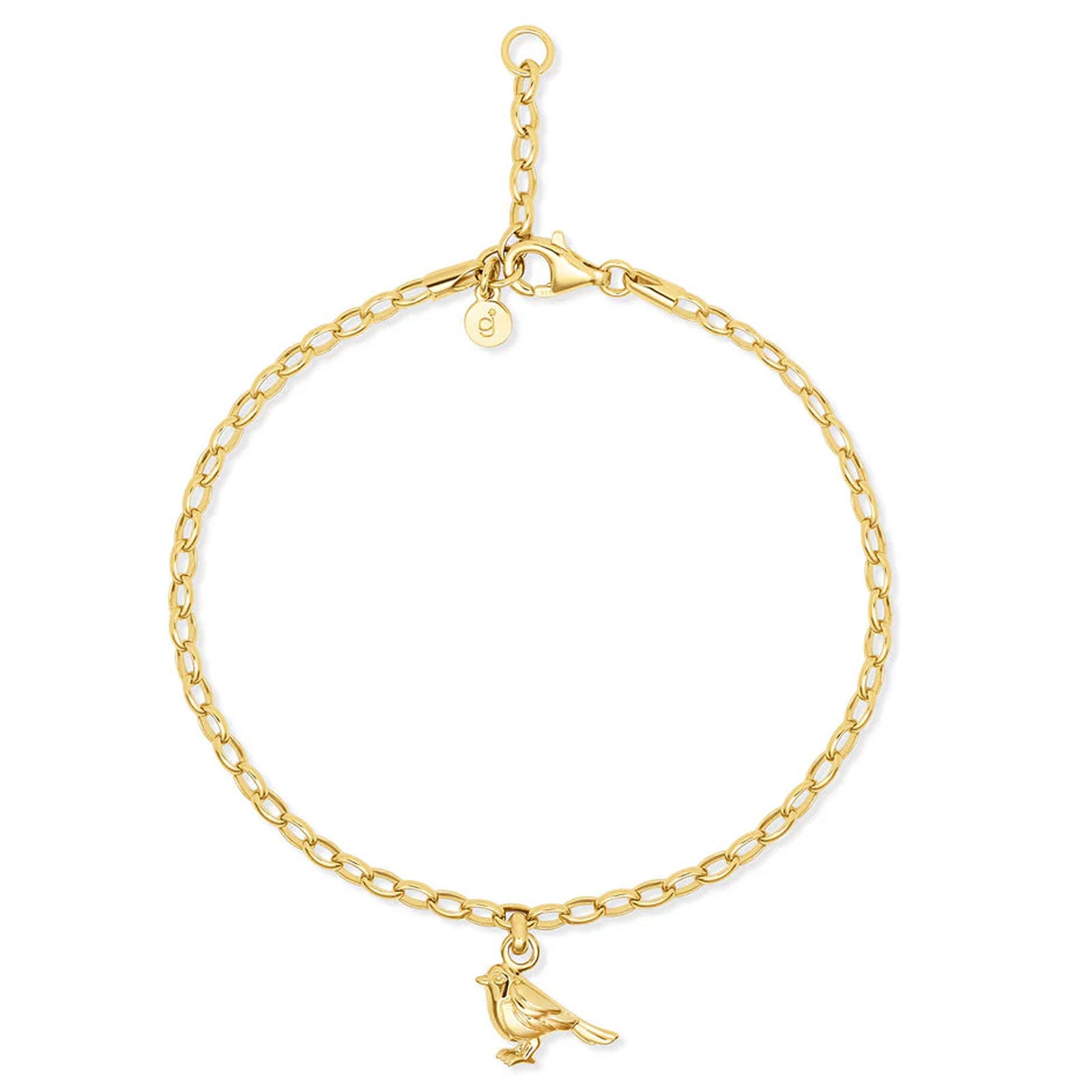 Gold robin bracelet from the gemma j collection on a white background
