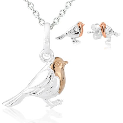 robin necklace and robin earrings on white background