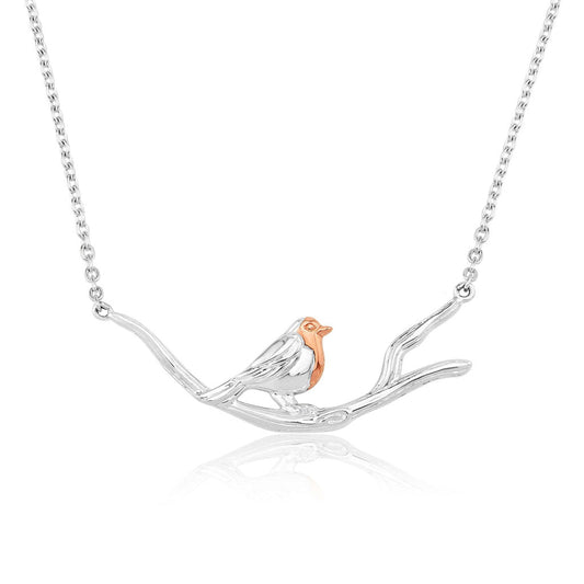 Robin on Branch Recycled Sterling Silver Necklace - Cotswold Jewellery