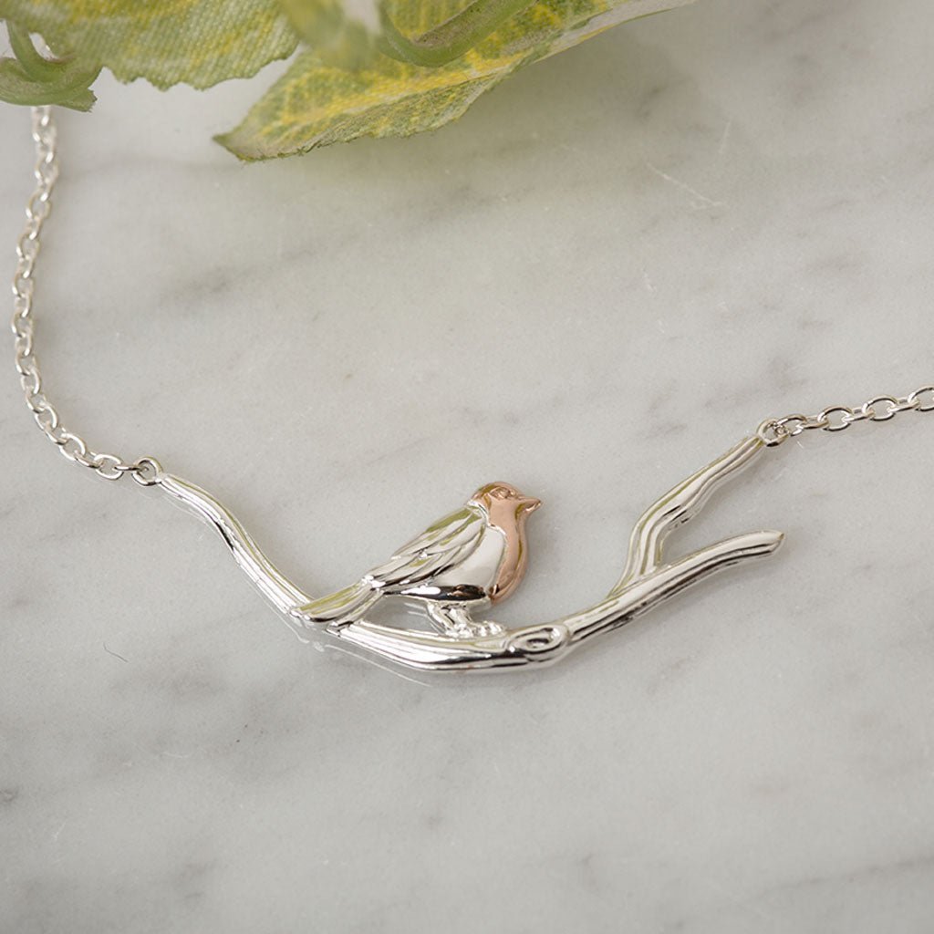 Robin on Branch Recycled Sterling Silver Necklace - Cotswold Jewellery