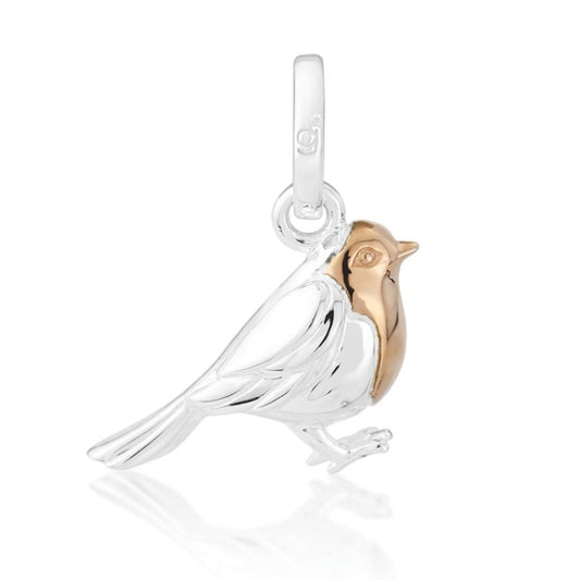 Robin recycled sterling silver charm on white background