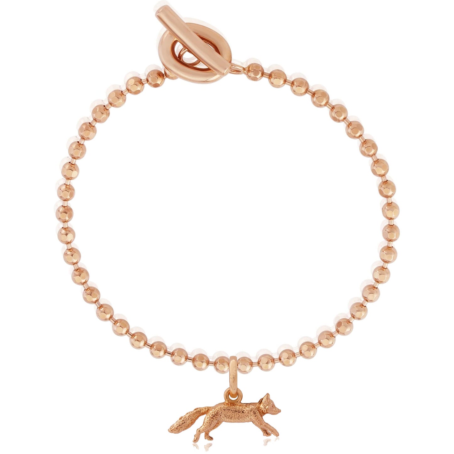 Rose gold beaded bracelet with a fox charm on a white background