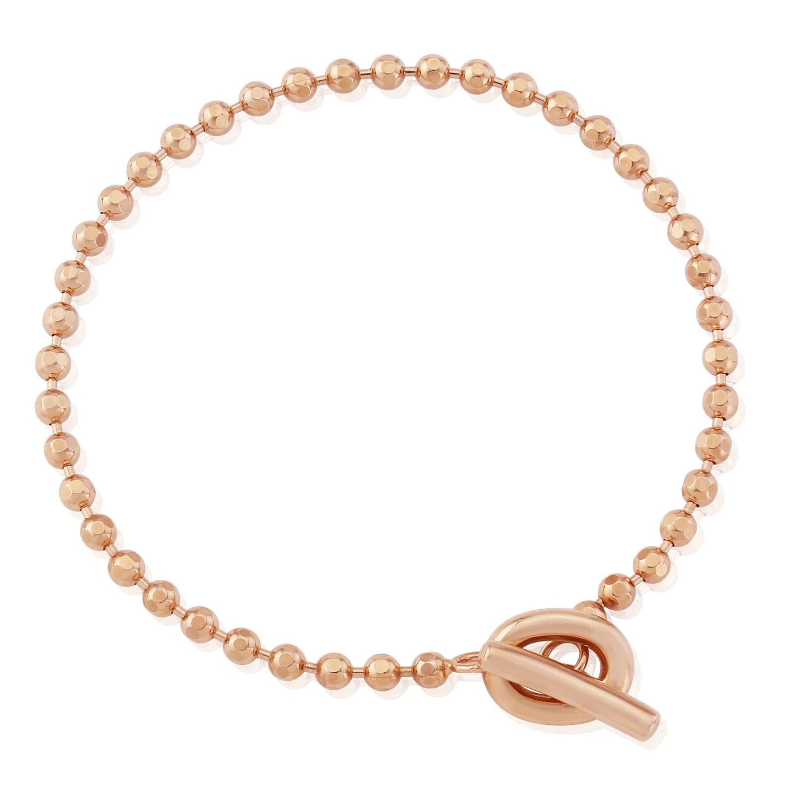 Rose gold beaded bracelet with a clasp on a white background