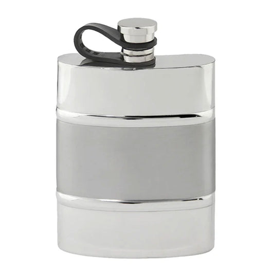 Silver flask with a black cap on a white background