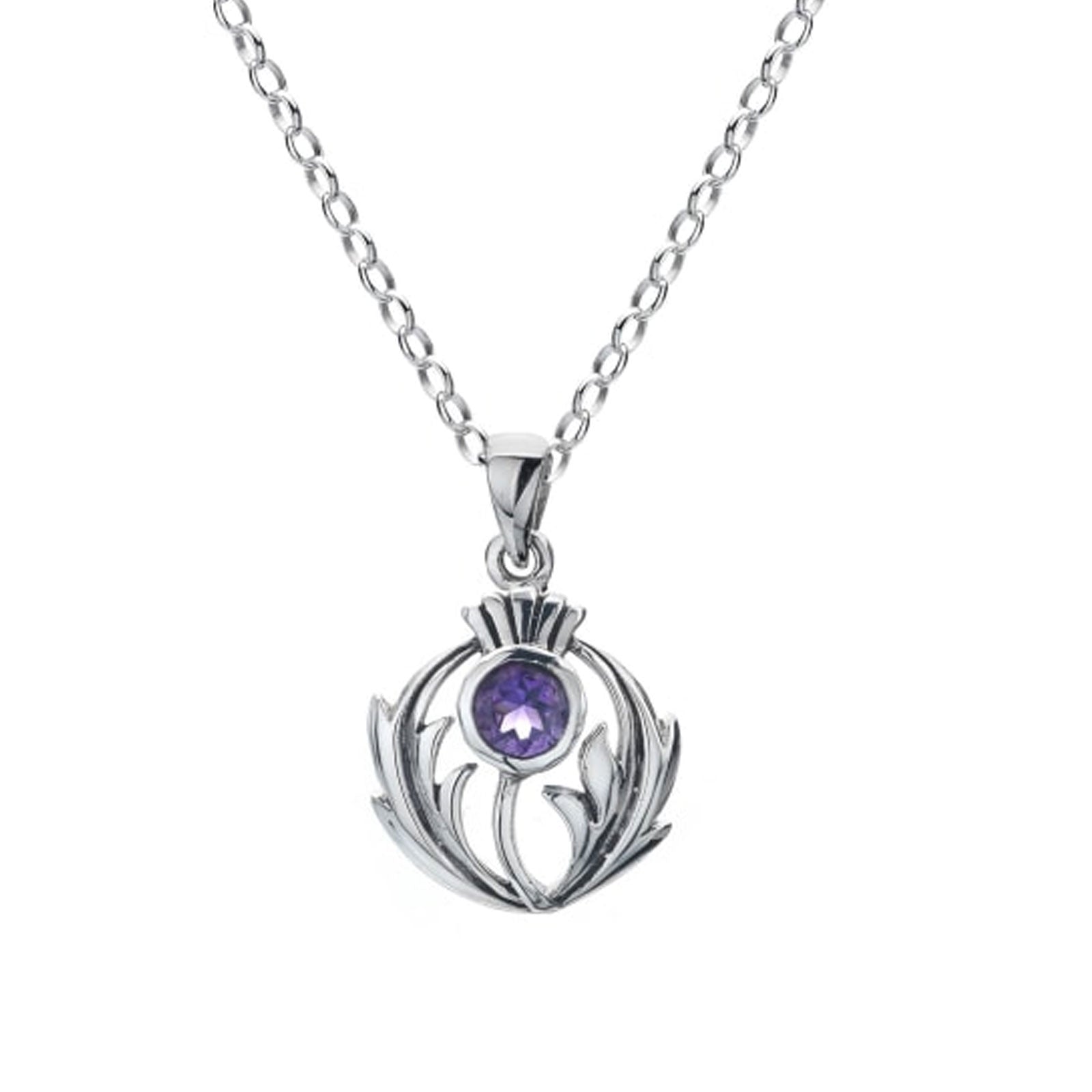 A sterling silver pendant necklace featuring a thistle design with a round purple amethyst gemstone in the center, suspended from a silver link chain against a plain white background.