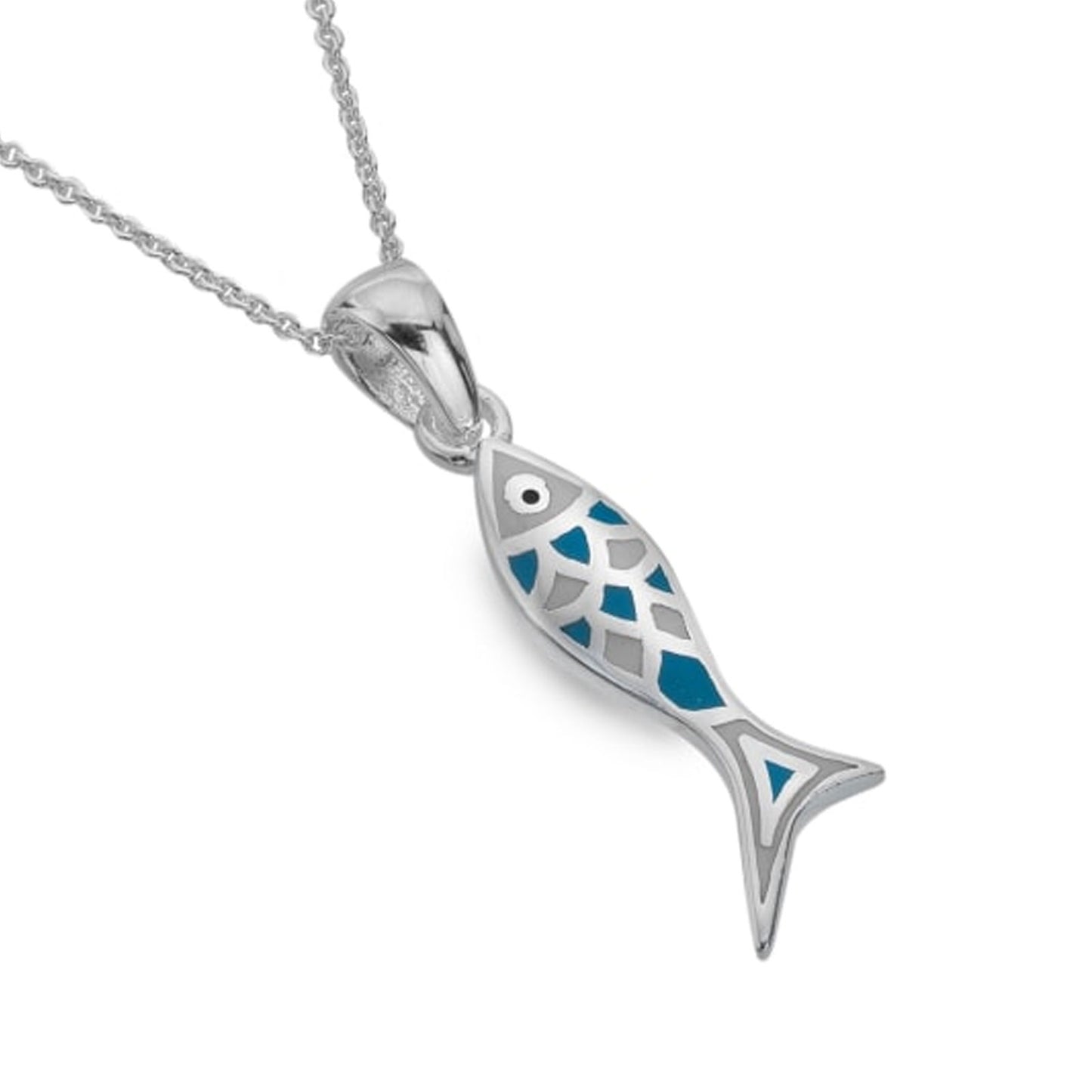 Fish-shaped pendant with blue and silver design on a white background