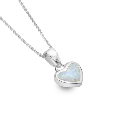 Heart-shaped opal pendant on a silver chain against a white background