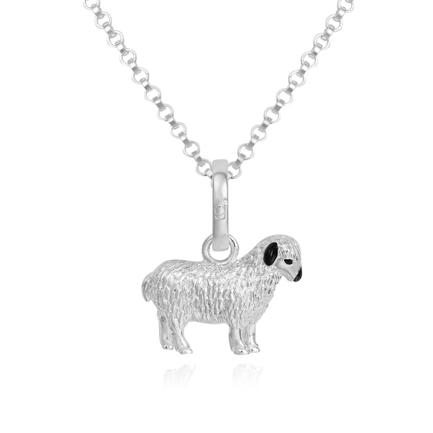 Silver pendant of a sheep on a chain against a white background