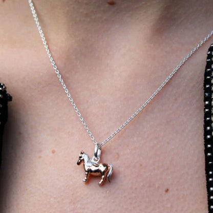 Silver necklace with a horse pendant on a person's neck