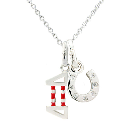 A silver necklace featuring a pendant show jump and a horseshoe adorned with small clear sparkly stones