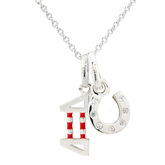 A silver necklace featuring a pendant show jump and a horseshoe adorned with small clear sparkly stones