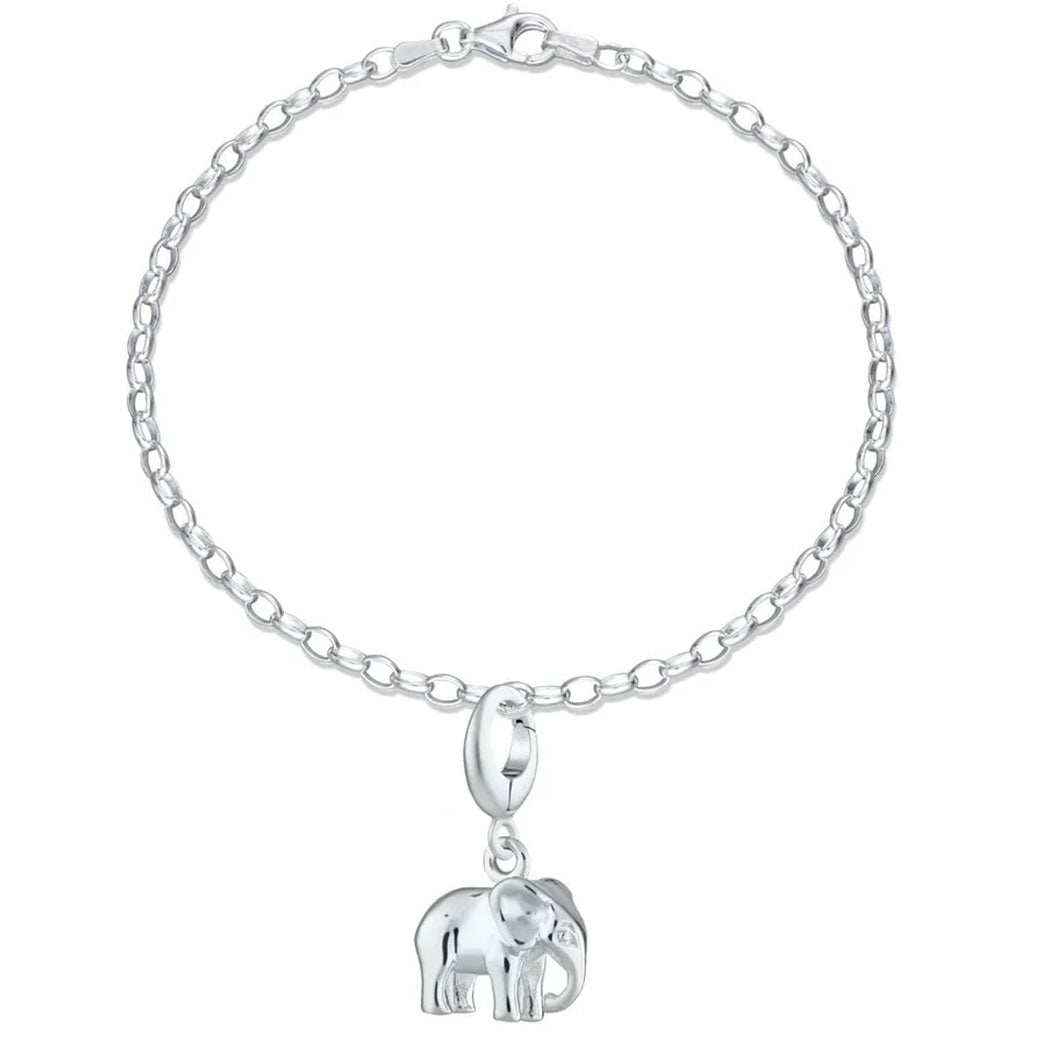 Silver bracelet with an elephant charm on a white background