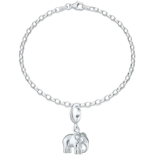 Silver bracelet with an elephant charm on a white background
