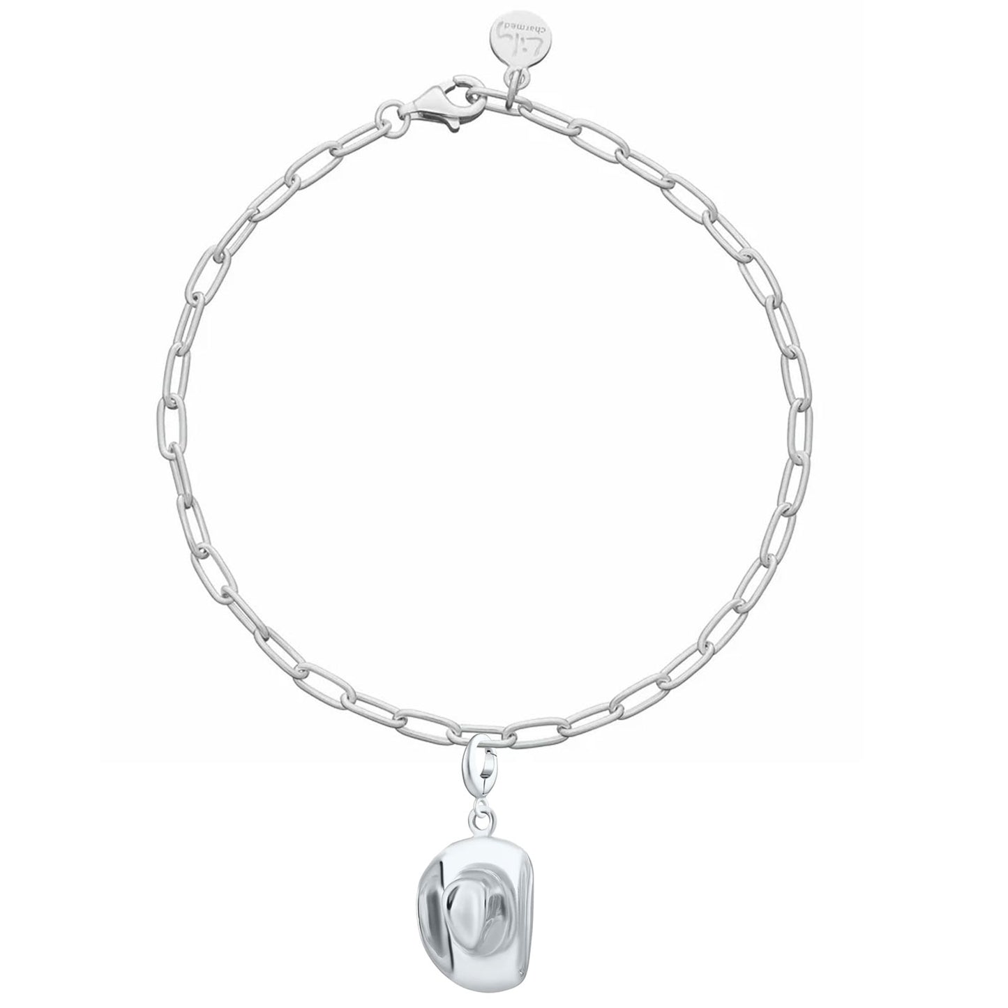 Silver chain bracelet with a round pendant on a white background