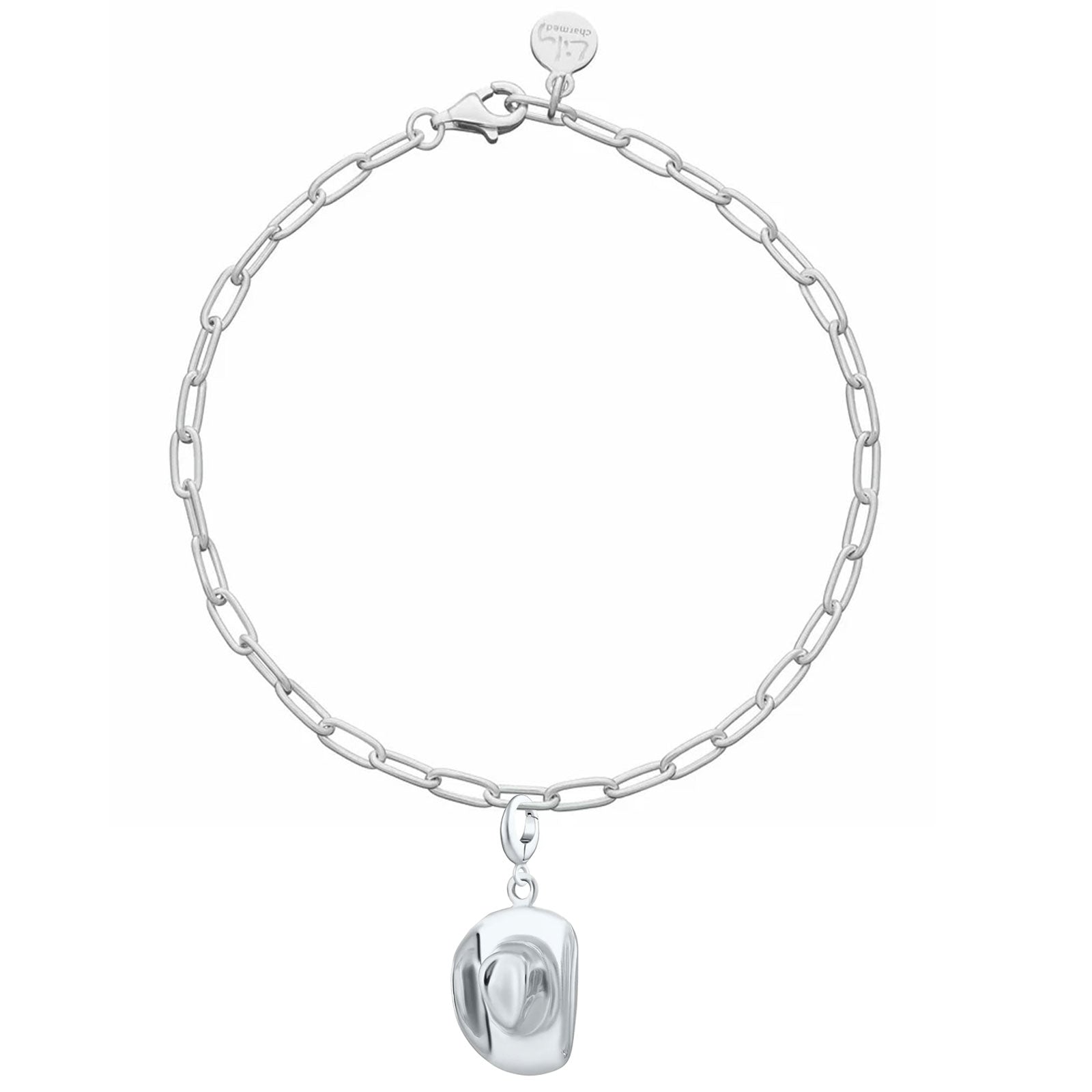 Silver chain bracelet with a round pendant on a white background