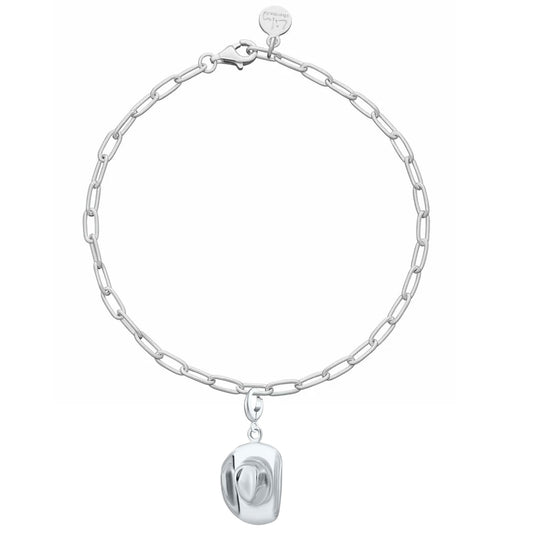 Silver chain bracelet with a round pendant on a white background