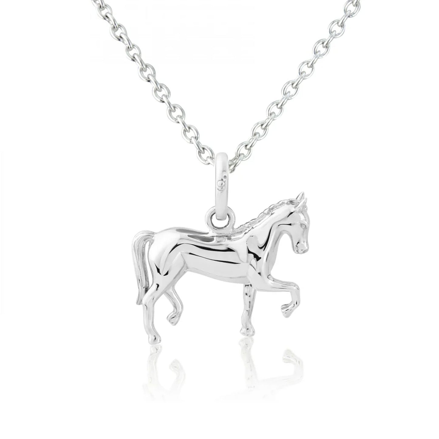 Silver horse pendant on a chain against a white background