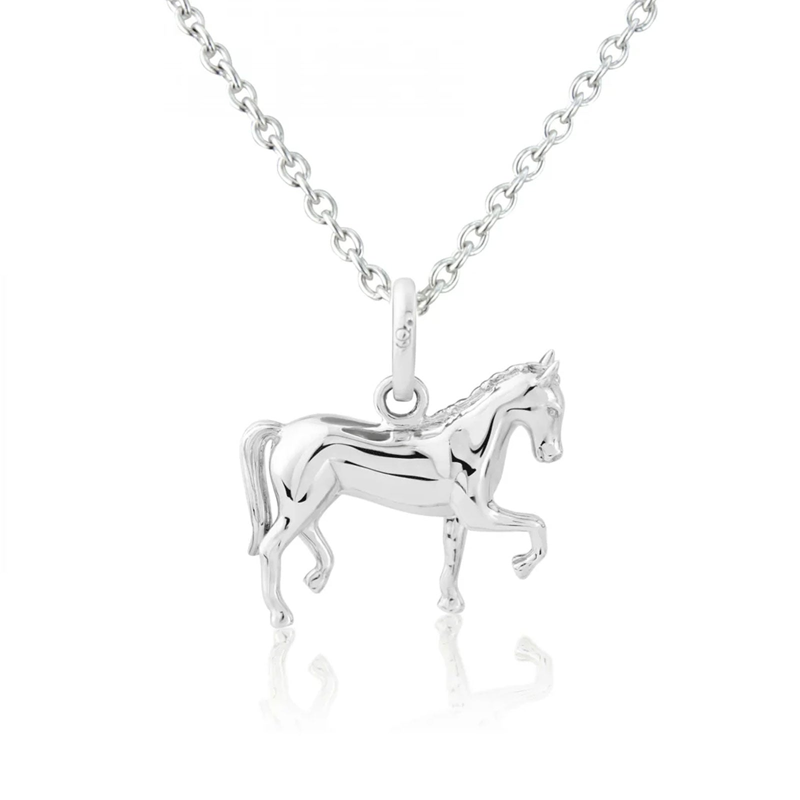 Silver horse pendant on a chain against a white background