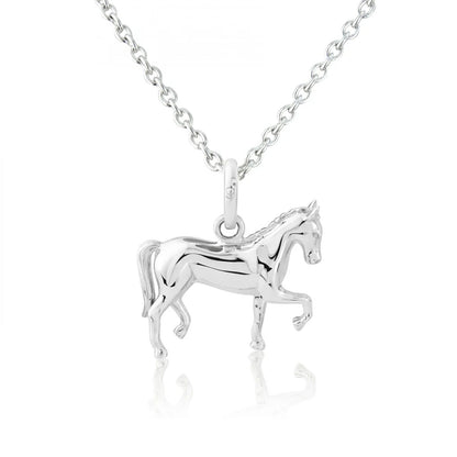 Silver horse pendant on a chain against a white background