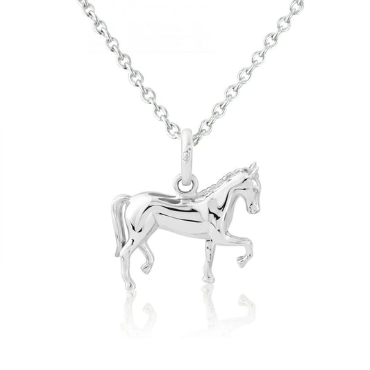 Silver horse pendant on a chain against a white background