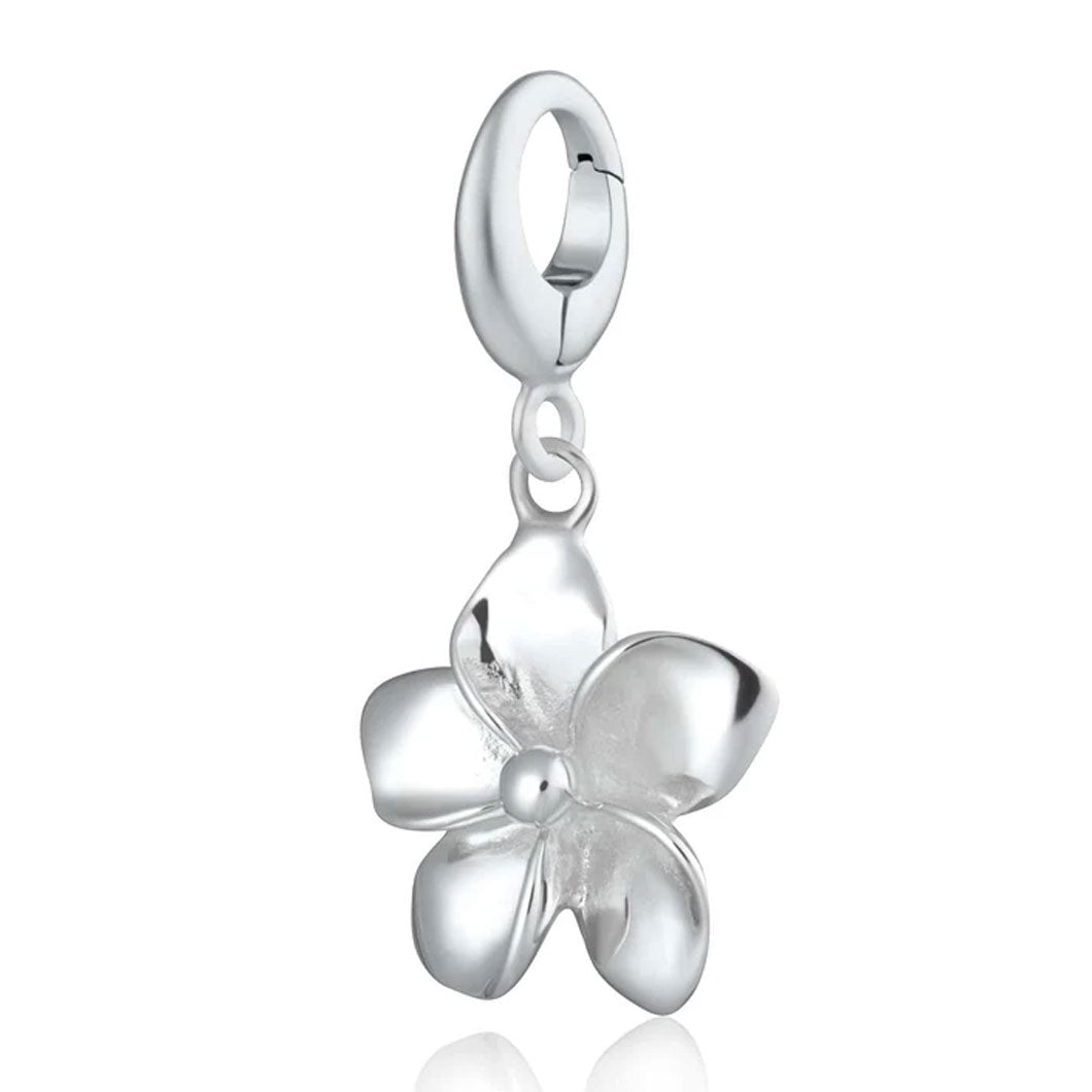 Silver flower-shaped pendant on a white background