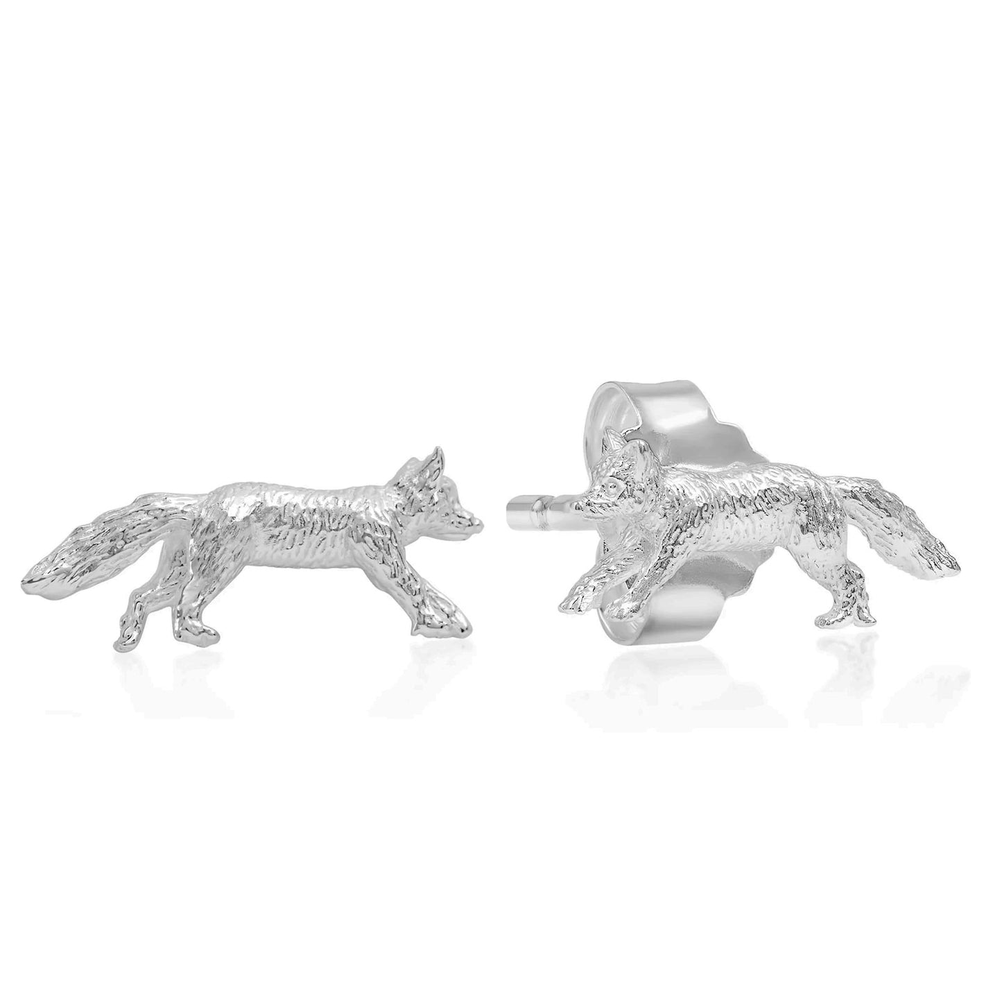 Silver fox earrings on a white background