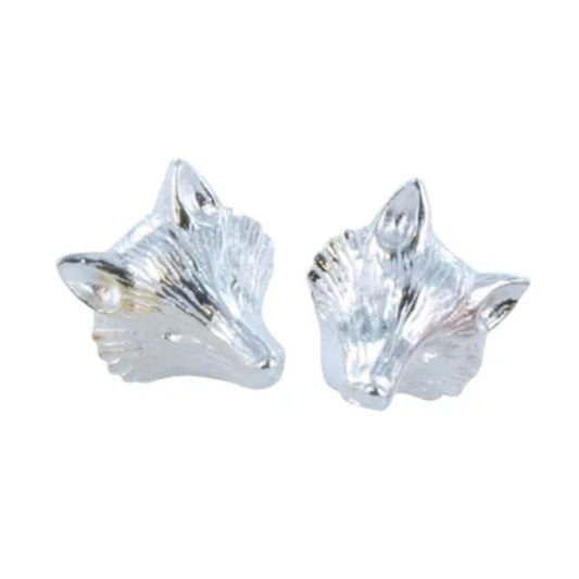 A pair of silver fox head stud earrings on a plain white background.