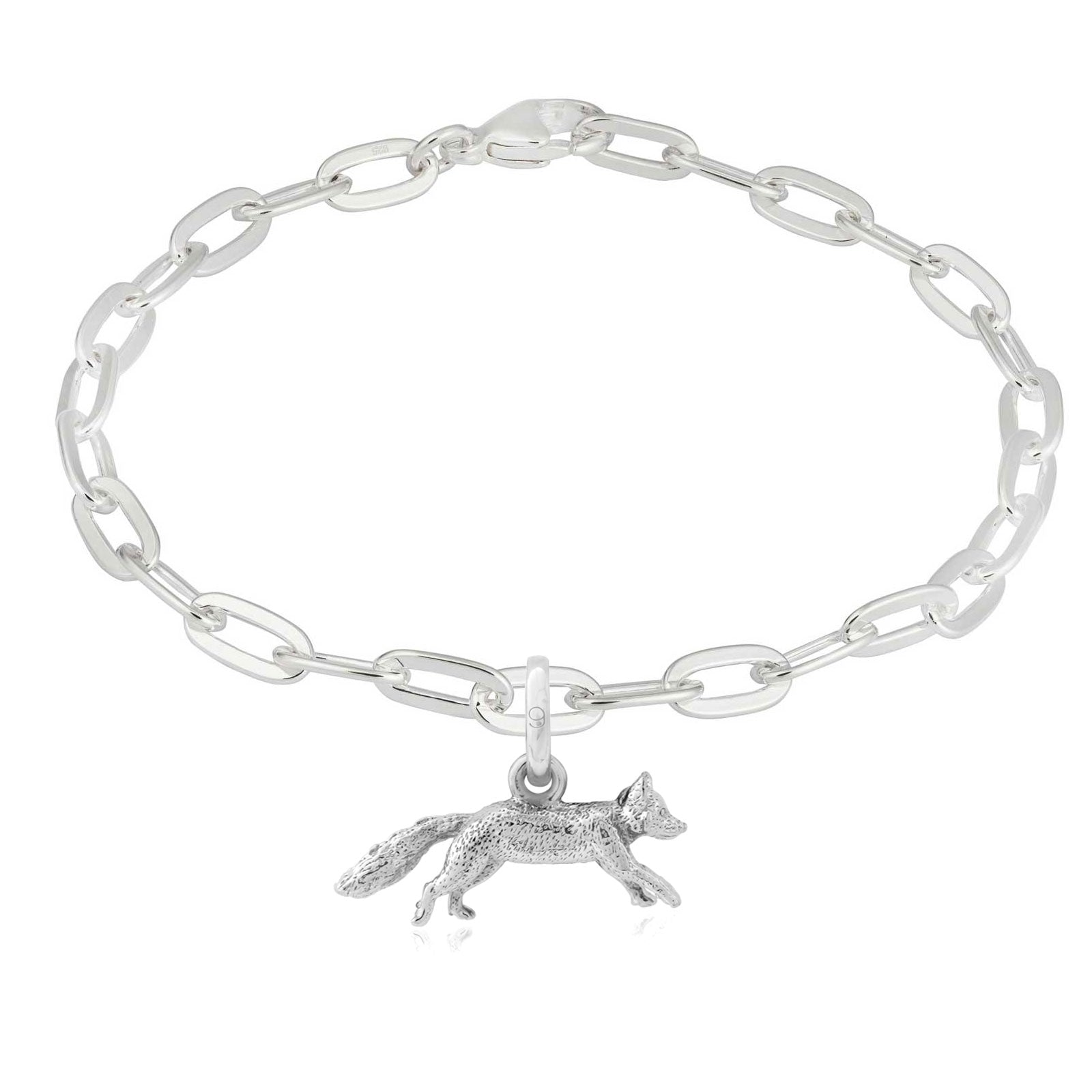 Silver chain bracelet with a fox charm on a white background