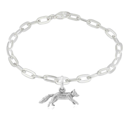 Silver chain bracelet with a fox charm on a white background