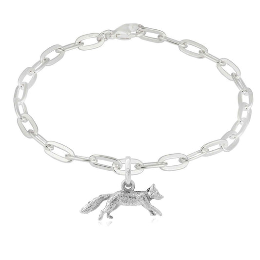 Silver chain bracelet with a fox charm on a white background