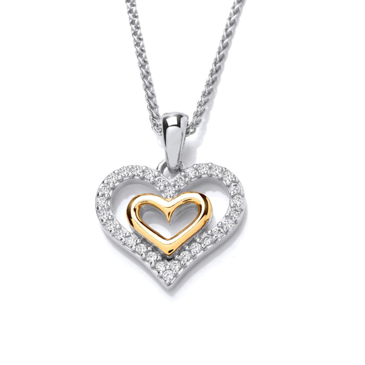 Silver, Gold & Cubic Zirconia Double Heart Necklace - Cotswold Jewellery