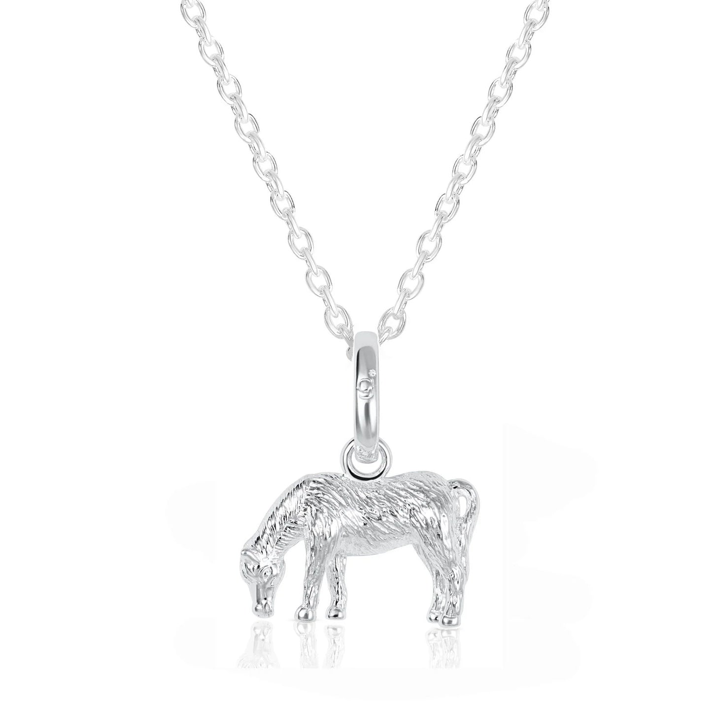 A sterling silver pony pendant necklace on a delicate silver link chain, shown against a clean white background with a subtle reflection below.