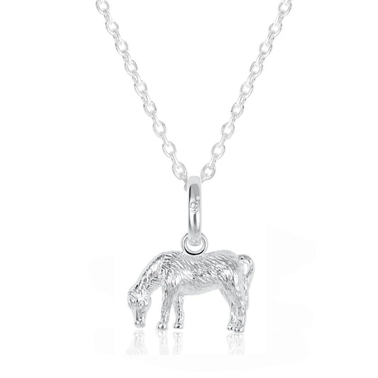 A sterling silver pony pendant necklace on a delicate silver link chain, shown against a clean white background with a subtle reflection below.