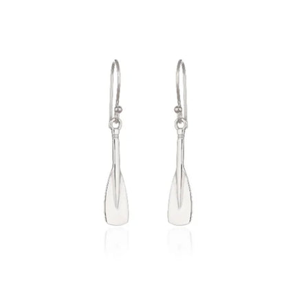 silver rowing oars blades earrings on white background