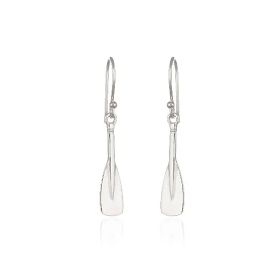 silver rowing oars blades earrings on white background