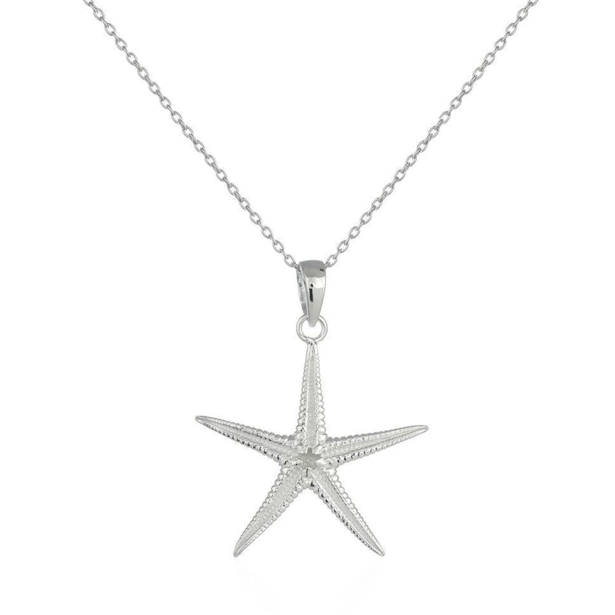 A sterling silver starfish pendant necklace on a delicate link chain, presented against a clean white background.