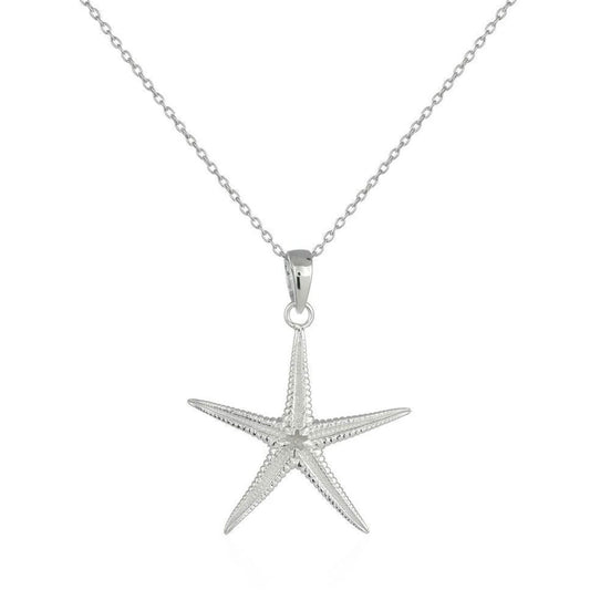 A sterling silver starfish pendant necklace on a delicate link chain, presented against a clean white background.