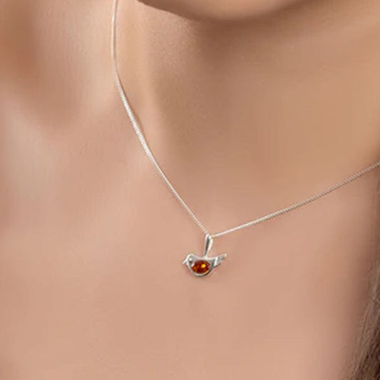 Small Bird Sterling Silver & Amber Necklace - Cotswold Jewellery