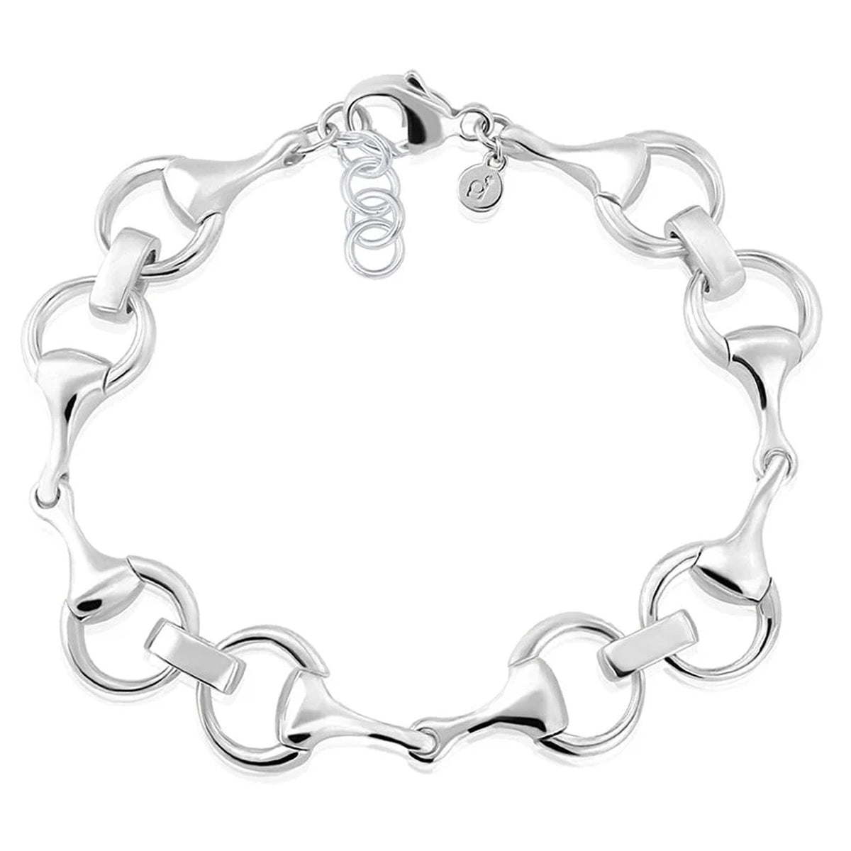 A sterling silver horsebit link bracelet with a polished finish, displayed in a circular shape on a clean white background.