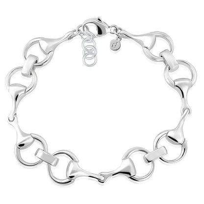 A sterling silver horsebit link bracelet with a polished finish, displayed in a circular shape on a clean white background.