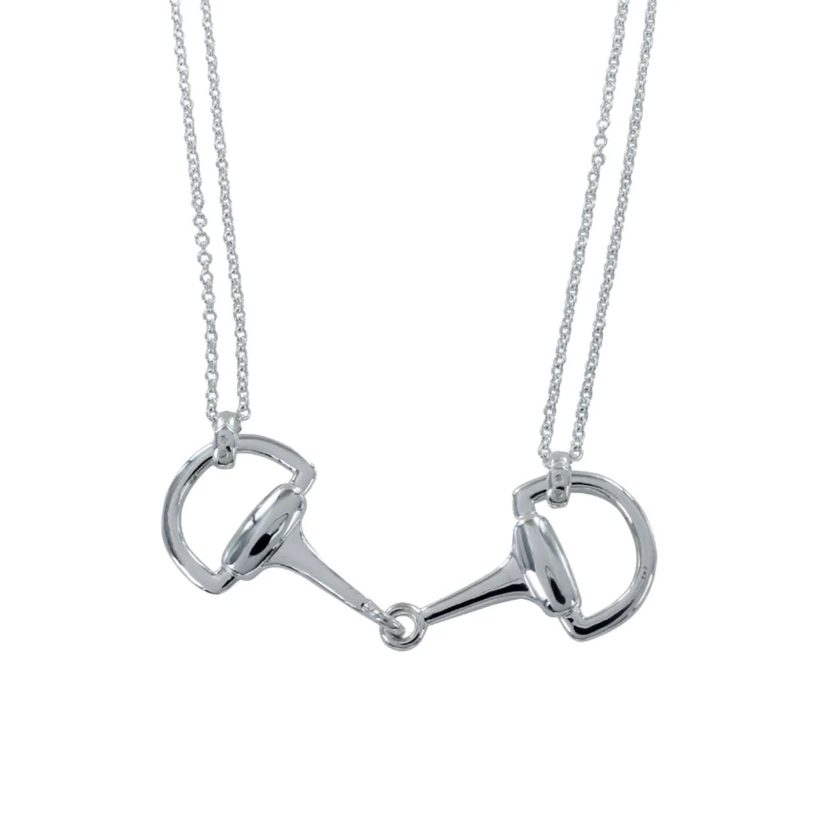 Silver horse bit necklace on a white background