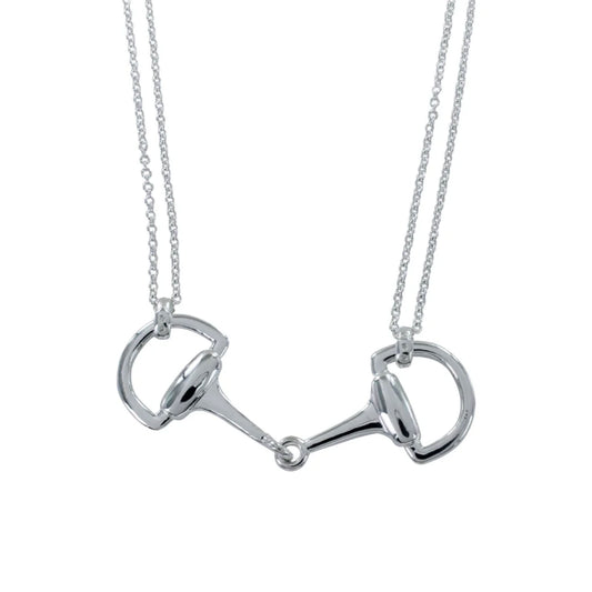Silver horse bit necklace on a white background