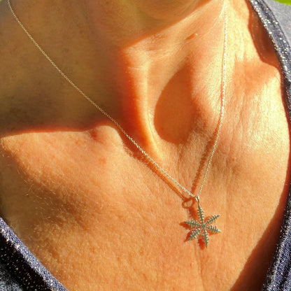 A close-up of a person's neck and chest wearing a delicate silver chain necklace with a small starburst or snowflake-shaped pendant studded with tiny clear stones, under bright warm sunlight.