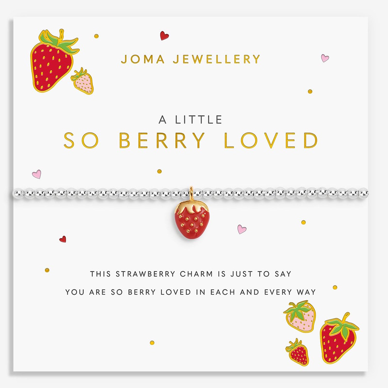 A strawberry charm bracelet by Joma Jewellery, presented on its white card packaging. The bracelet features a silver-toned chain with a single strawberry charm in the center.