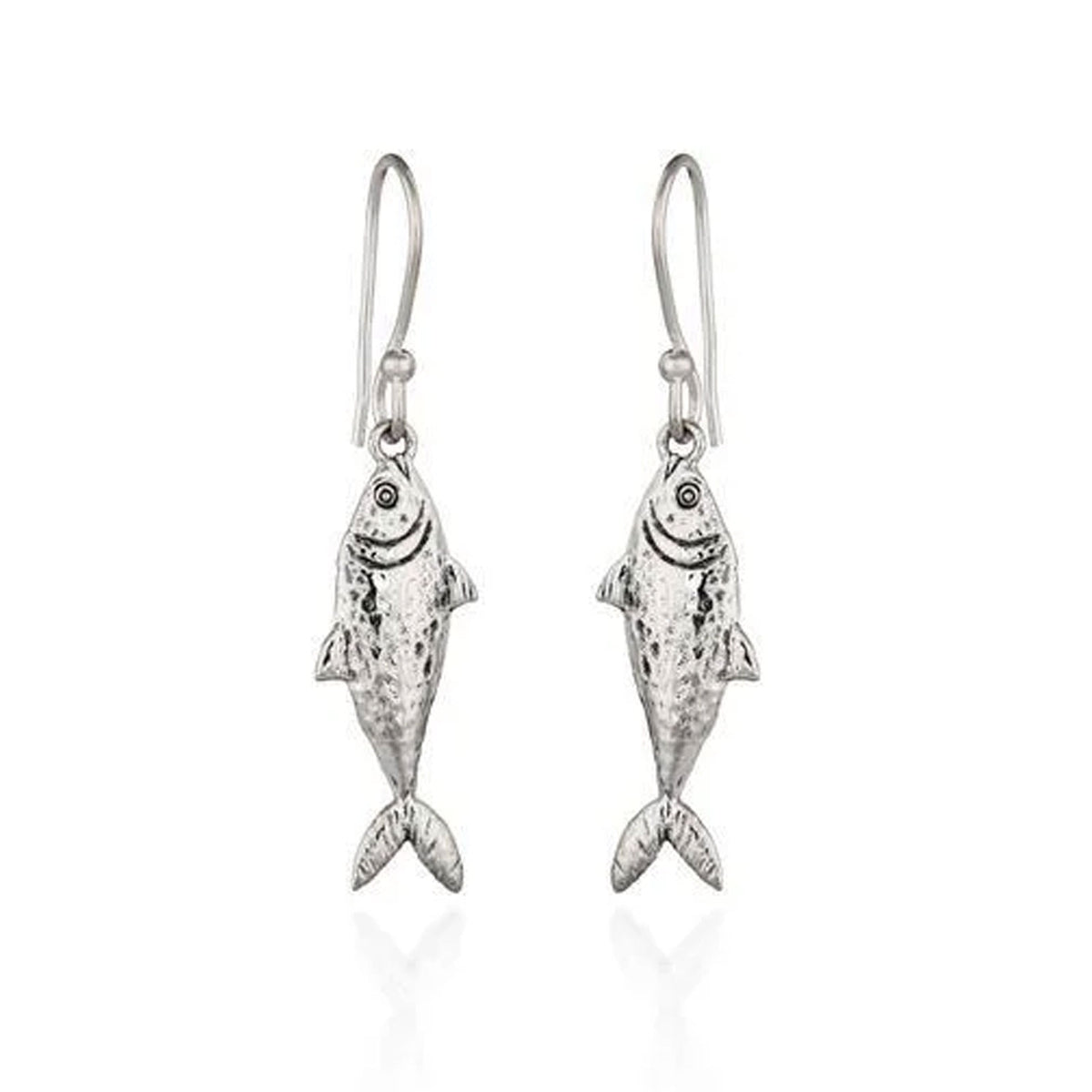 A pair of silver fish drop earrings with textured, hammered finishes and hook backings, shown on a clean white background.