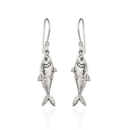 A pair of silver fish drop earrings with textured, hammered finishes and hook backings, shown on a clean white background.